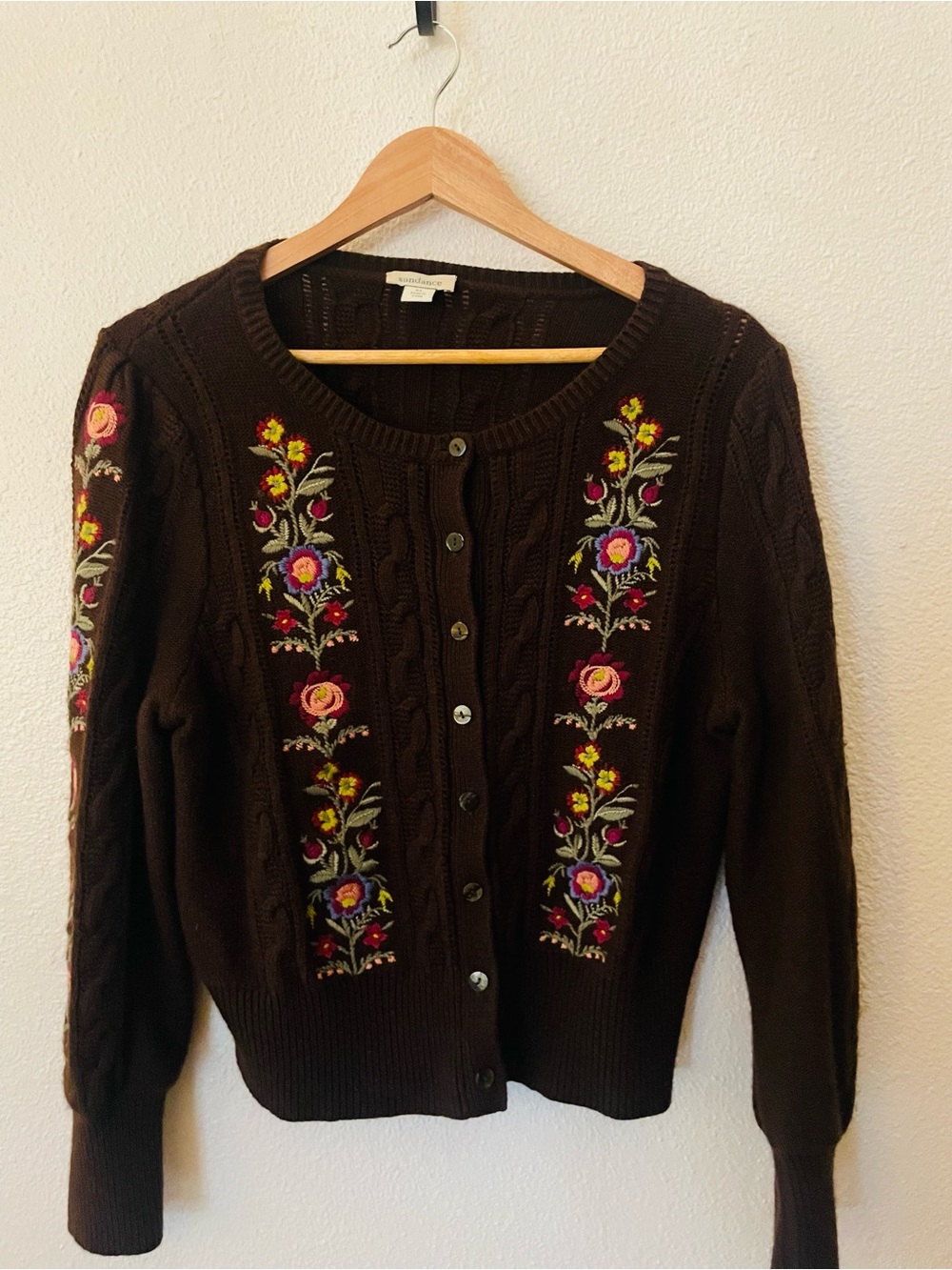 Sundance Brown Floral Embroidered Button Cardigan Sweater Size L/XL